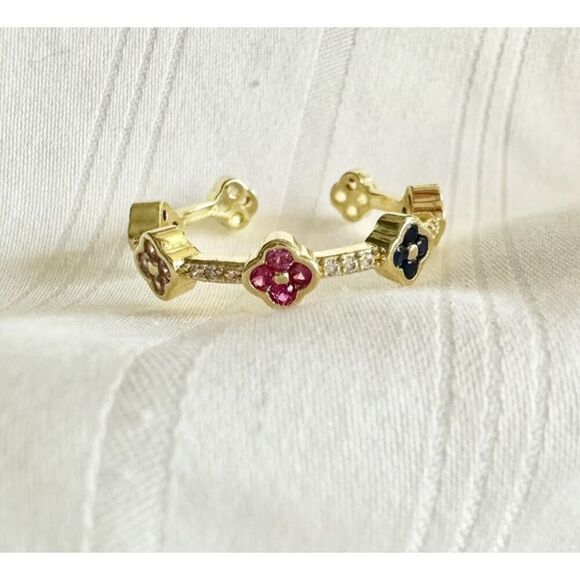 Multicolor cubic zirconia gold color adjustable flower ring - Picture 1 of 3